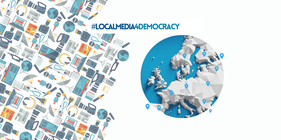 Local media for democracy project banner icons with newspapers, phones, devices and a map of europe with text: #localmedia4democracy